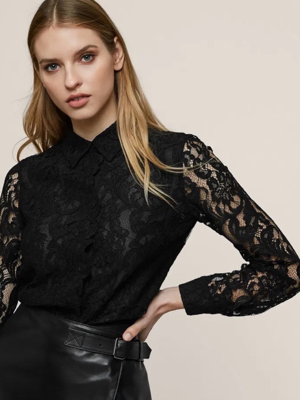 Reiss Black Floral Lace Button-Down Shirt/Blouse